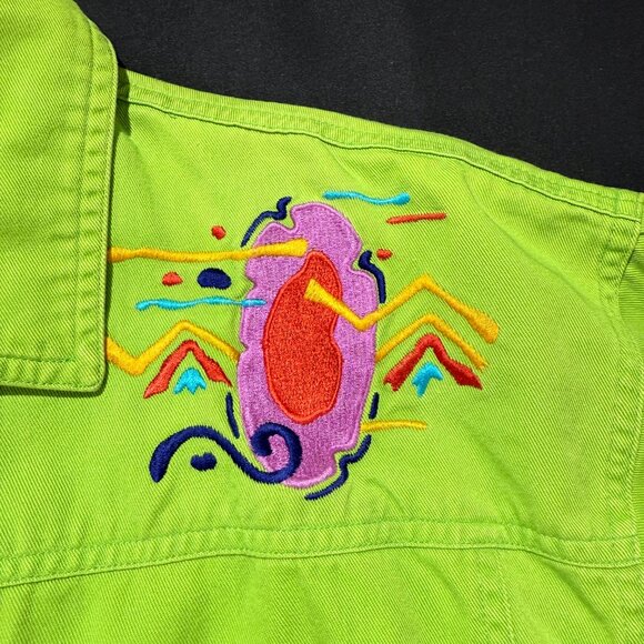 IB Diffusion VINTAGE Women's Denim Jacket Size 10 Bright Green Embroidered - Picture 5 of 10